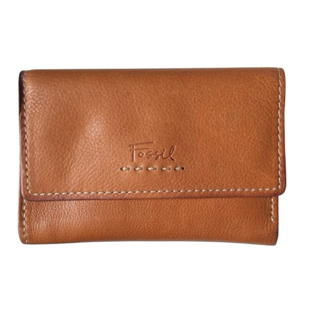 Fossil Tri Fold Wallet Popstitch Camel Pebbled Leather ID Card Holder 5.5 x 4"